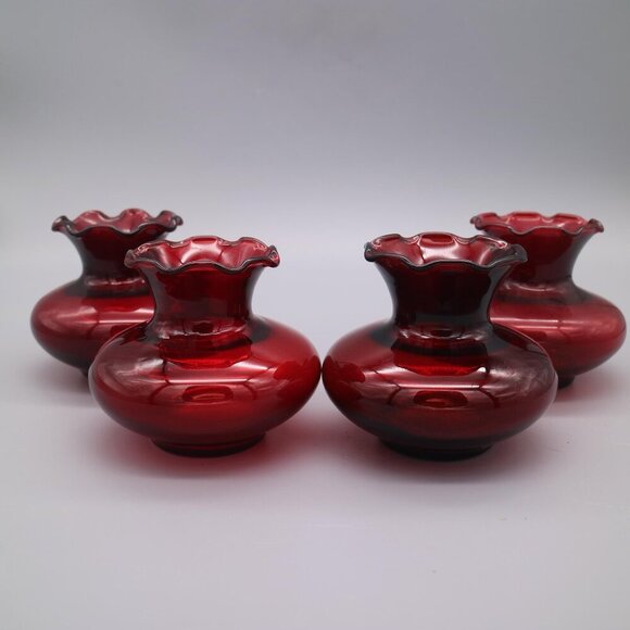 Vintage American Anchor Hocking Ruby Red Flared Ruffle Top 3" Vases Set of 4 - Picture 1 of 7